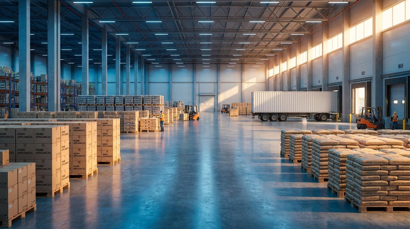 Modern export distribution warehouse with pallets of home appliances and construction materials beside a loading dock