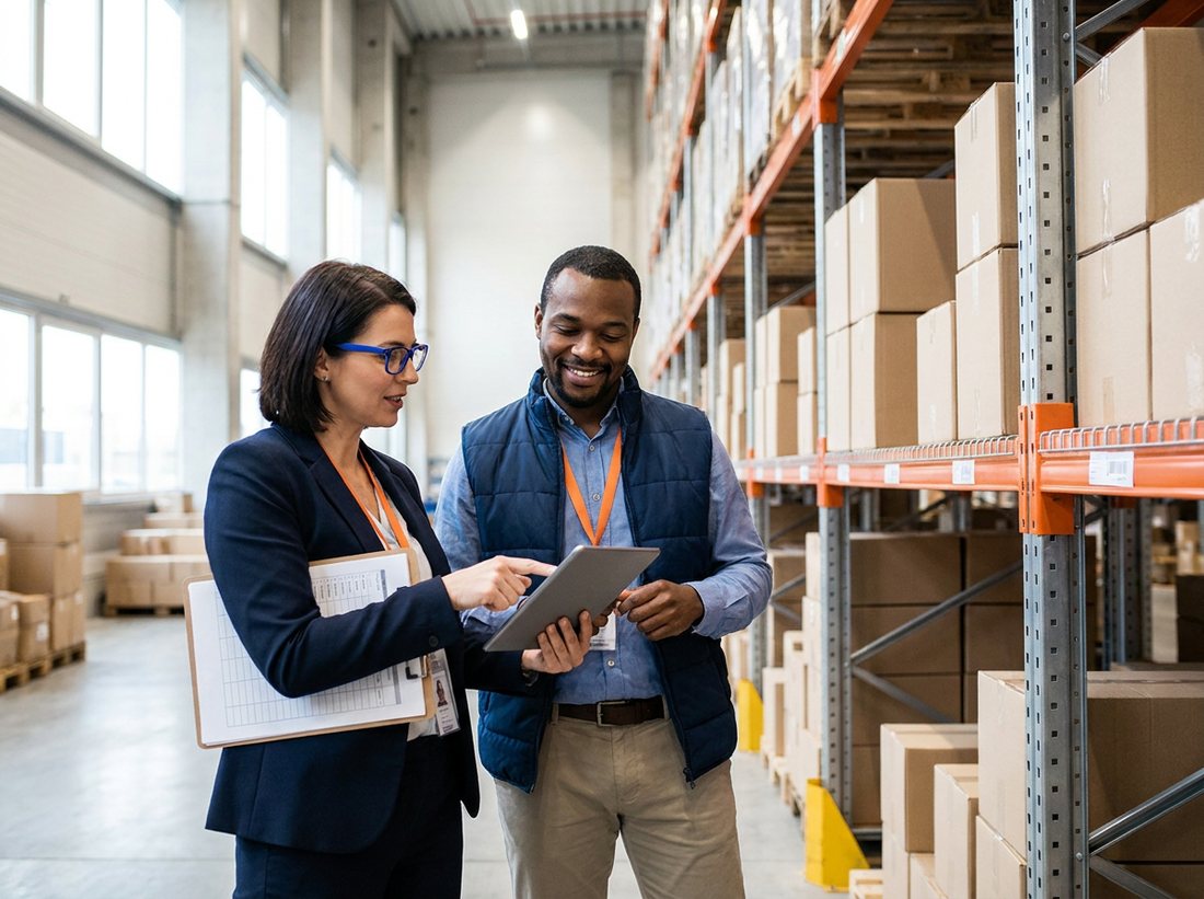Two sourcing specialists checking products on warehouse shelving with a tablet
