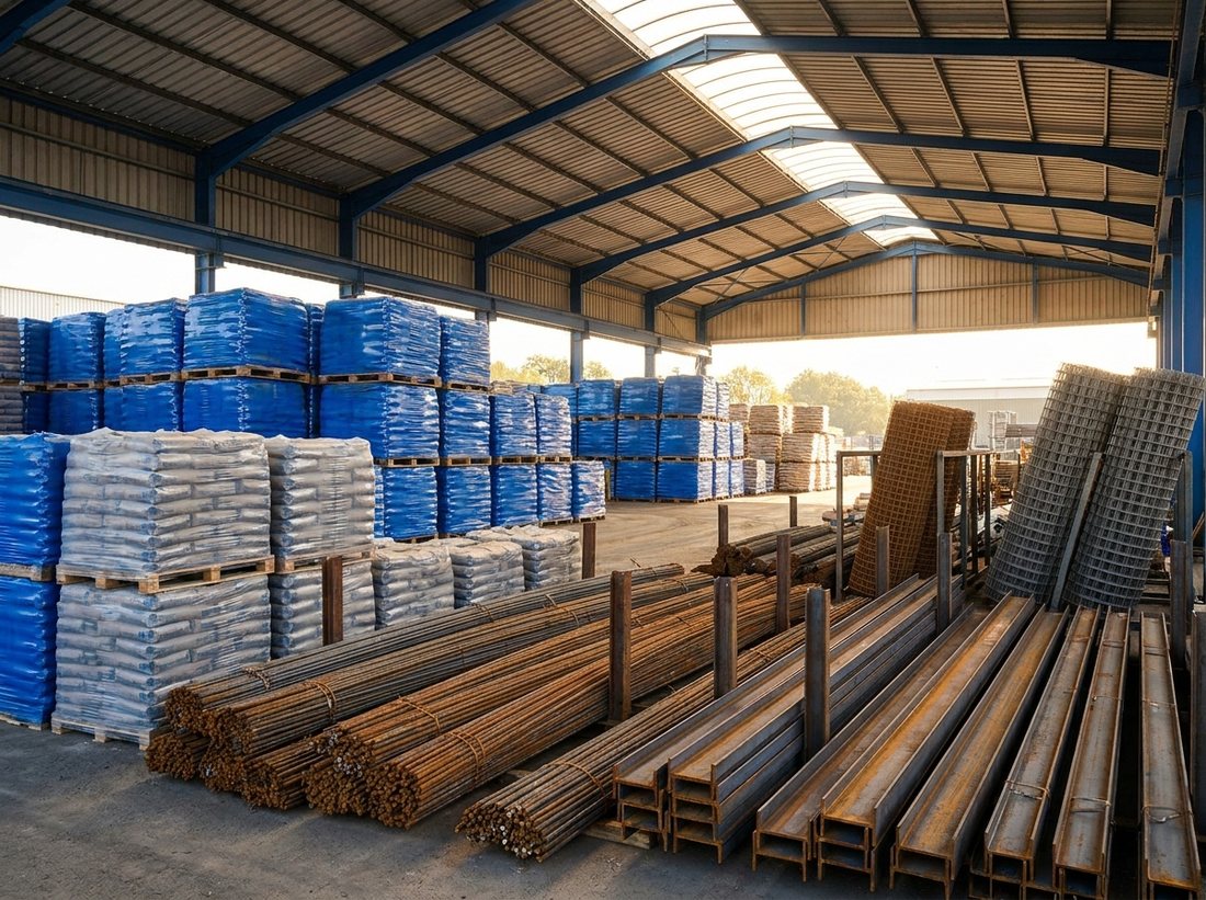 Industrial yard stacked with cement bags, steel profiles and rolls of welded wire mesh