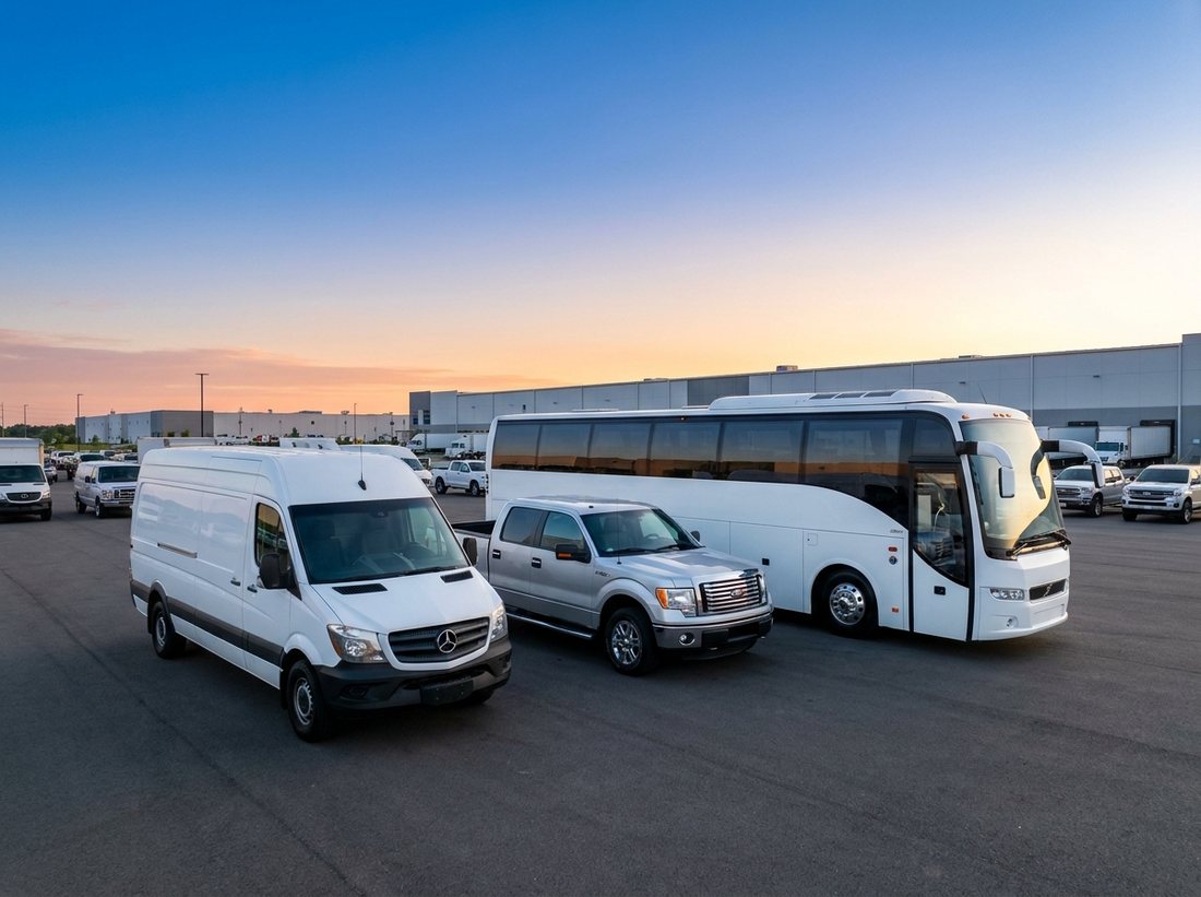 New commercial vehicles lined up at a distribution lot: a van, a pickup truck and a bus
