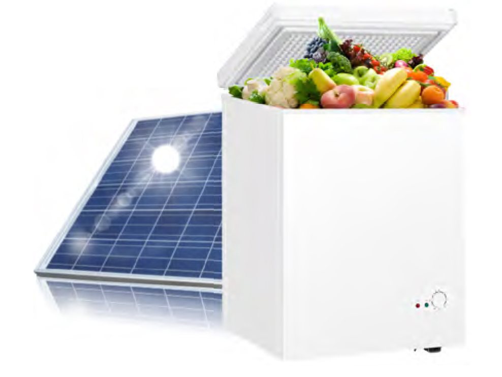 Solar-powered chest freezer with a solar panel